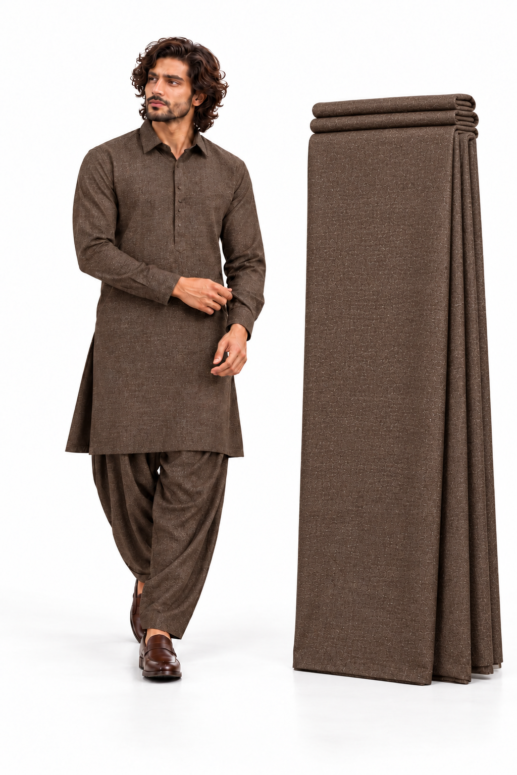 Men’s Pure Wool Unstitched Fabric – Brown Winter Shalwar Kameez