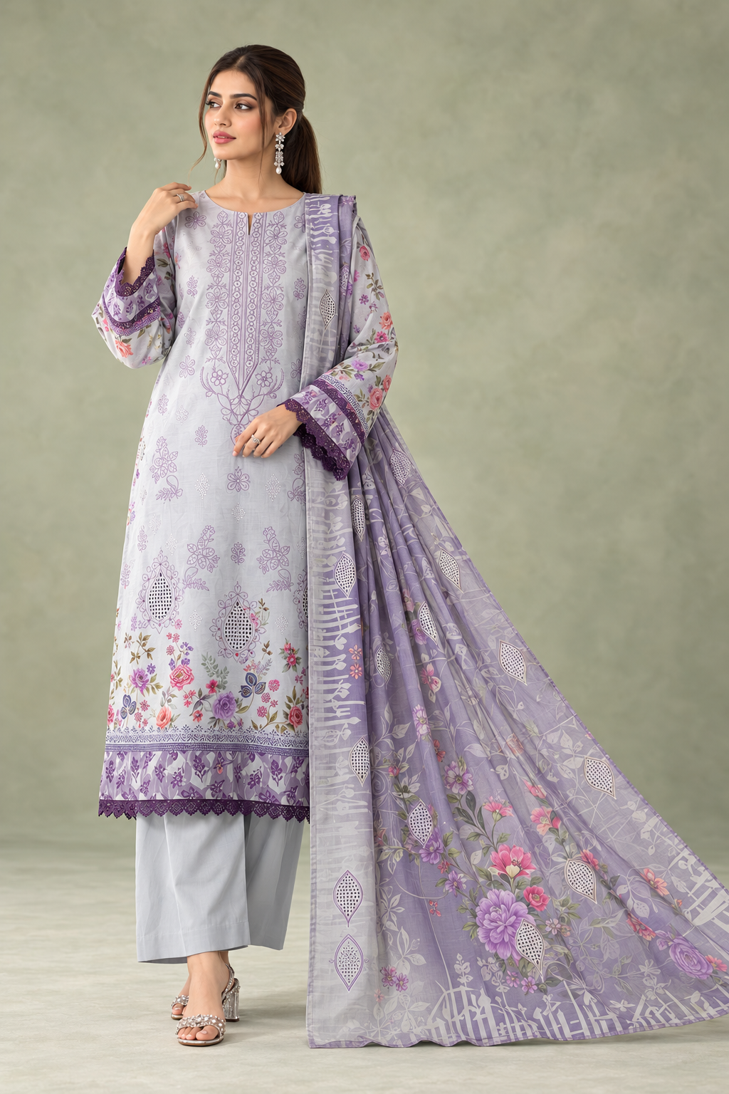Women's Digital Luxury Staple Slub Fancy Embroidered Unstitched 3-Piece Suit – Light Grey