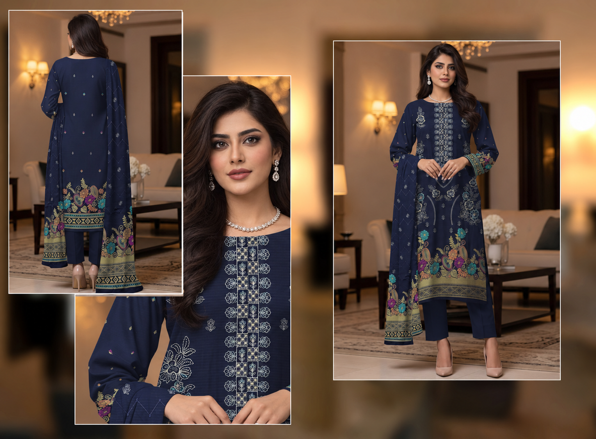 Women's Premium Luxury Viscose Barosha Fancy Embroidered 3-Piece Suit – Deep Navy Blue