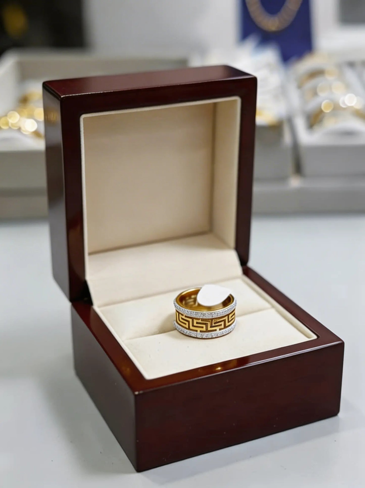 Luxury Gold Plated Greek Key Pattern Ring with Crystal Band