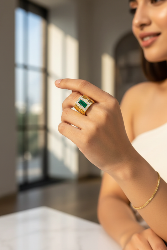 Luxury Gold Plated Emerald Green Stone Ring with Crystal Border