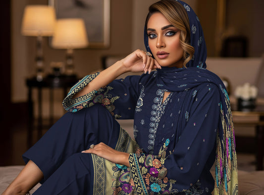 Women's Premium Luxury Viscose Barosha Fancy Embroidered 3-Piece Suit – Deep Navy Blue