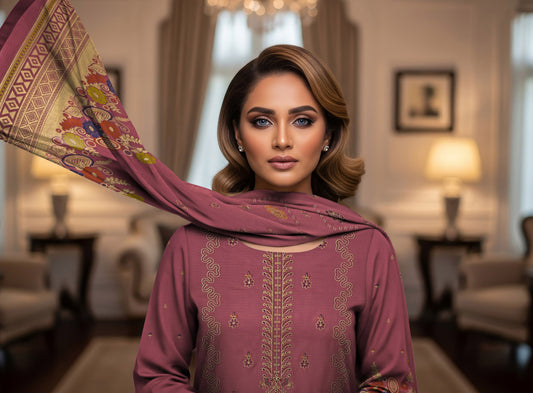 Women's Premium Luxury Viscose Barosha Fancy Embroidered 3-Piece Suit – Dusty Rose Mauve