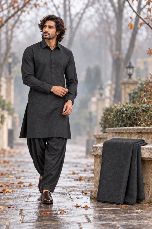 Senator Wool Men’s Unstitched Fabric – Charcoal Grey Winter Shalwar Kameez