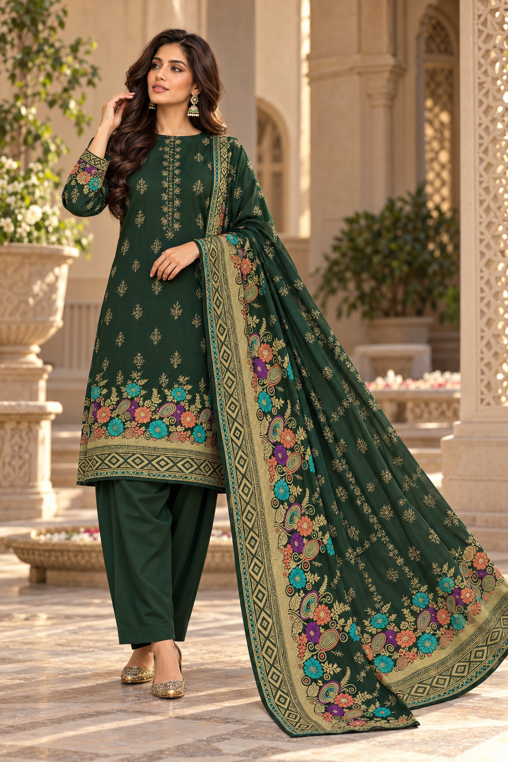 Women's Premium Luxury Viscos Barosha Fancy Embroidered 3-Piece Suit – Dark Bottle Green
