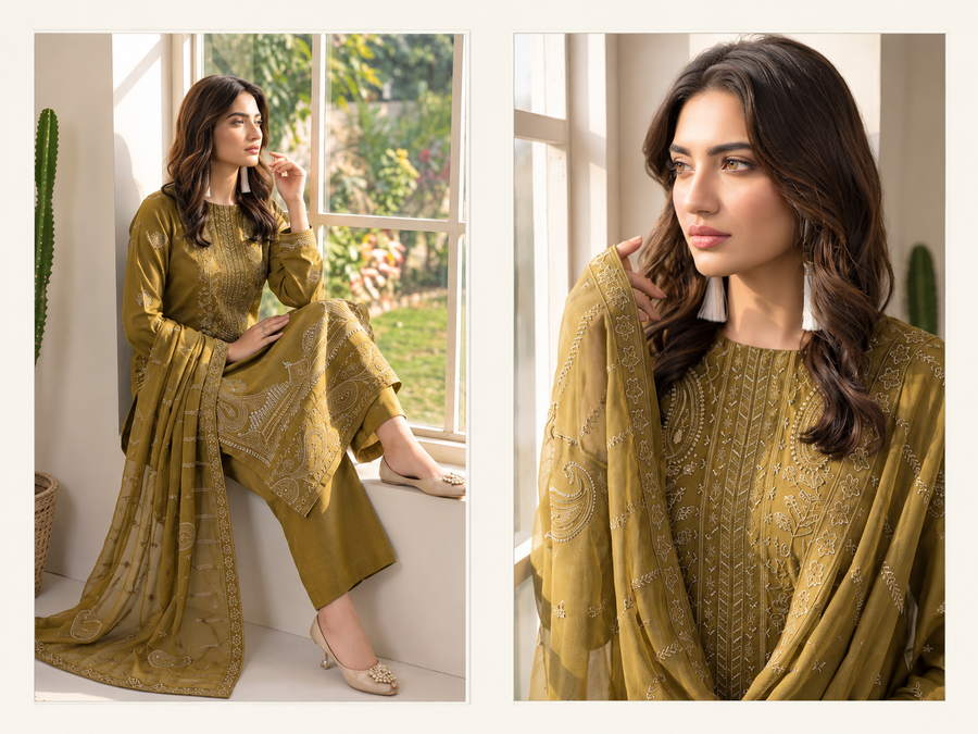 Viscose Fancy Embroidered 3-Piece Suit – Unstitched | Olive Mustard