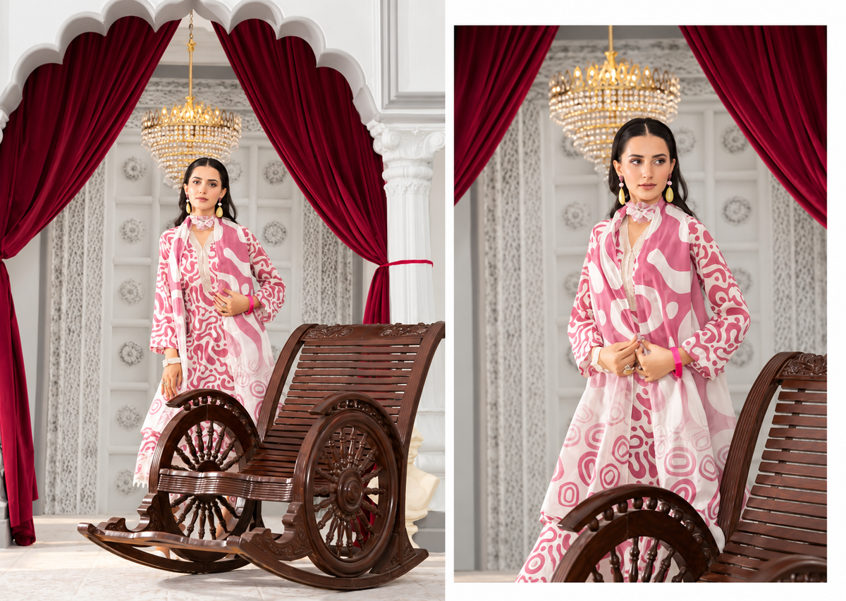 Digital Luxury Viscose Slub Printed Unstitched 3 Piece Suit – Pink