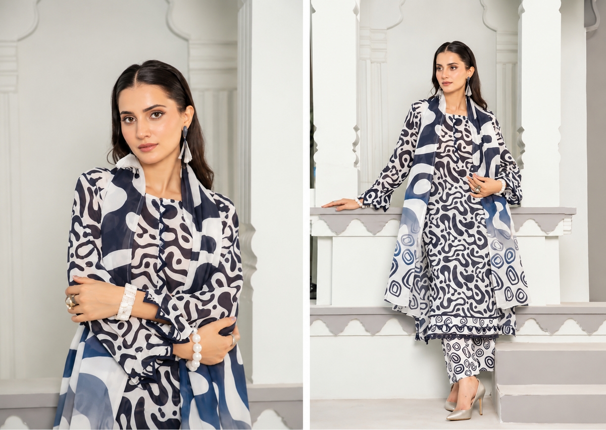Black & White Unstitched 3 Piece Suit | Digital Printed Luxury Viscose Slub