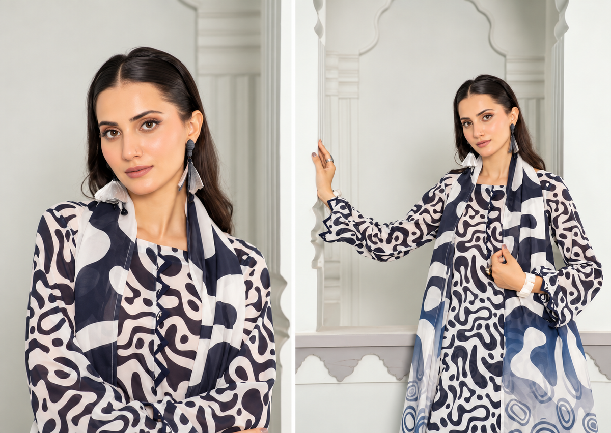 Black & White Unstitched 3 Piece Suit | Digital Printed Luxury Viscose Slub