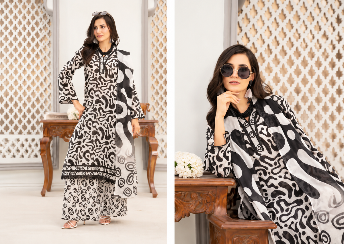 Black & White Unstitched 3 Piece Suit | Digital Printed Luxury Viscose Slub