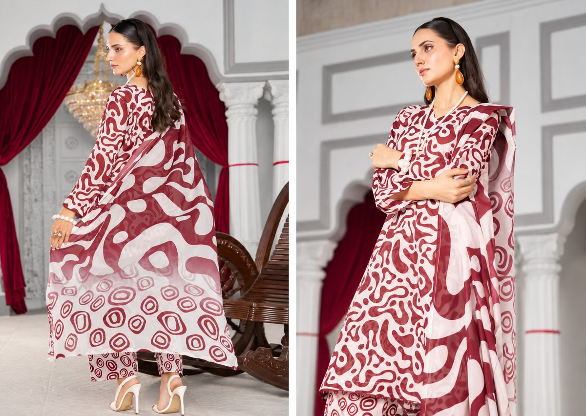 Maroon Unstitched 3 Piece Suit | Digital Printed Luxury Viscose Slub