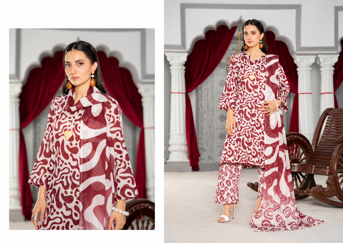Maroon Unstitched 3 Piece Suit | Digital Printed Luxury Viscose Slub