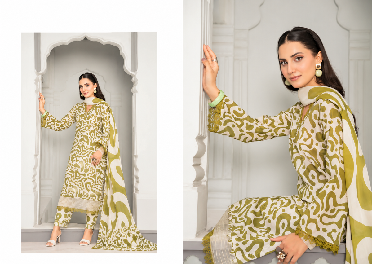 Olive Green Unstitched 3 Piece Suit | Digital Printed Luxury Viscose Slub
