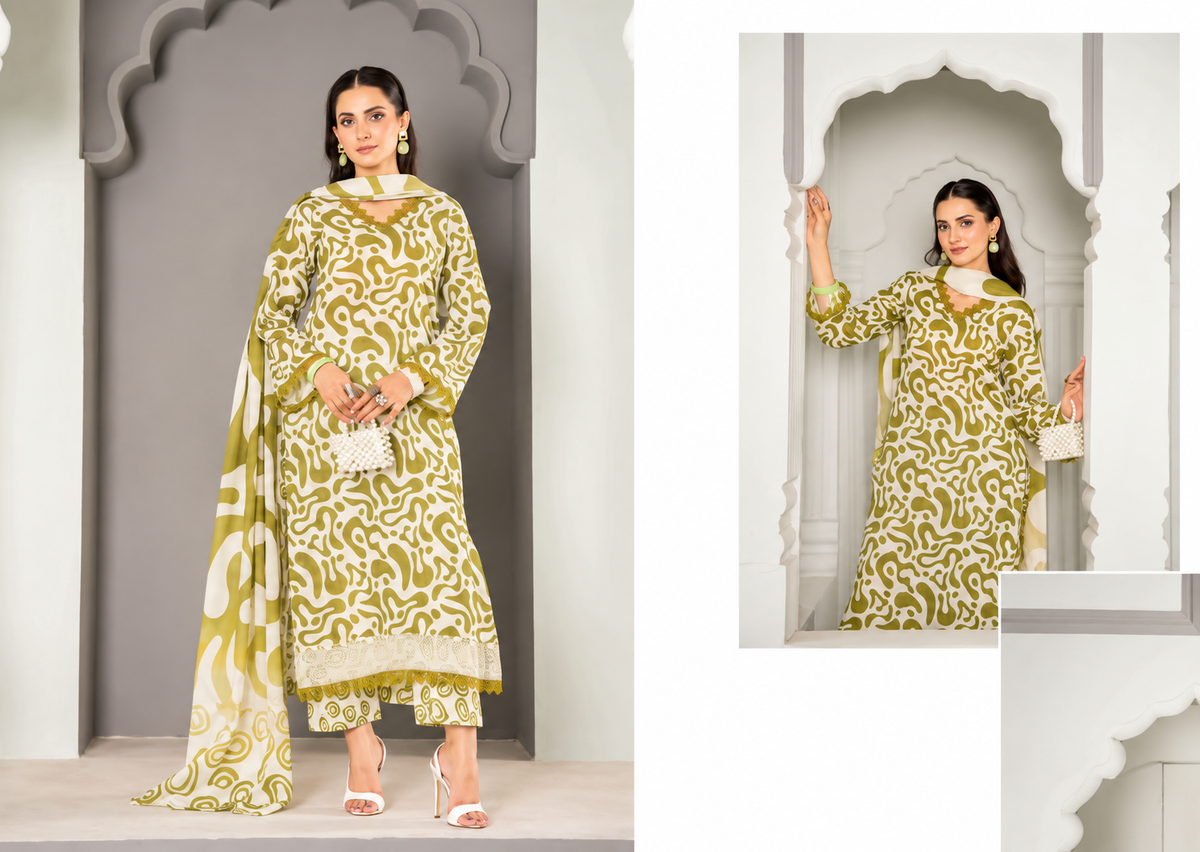 Olive Green Unstitched 3 Piece Suit | Digital Printed Luxury Viscose Slub