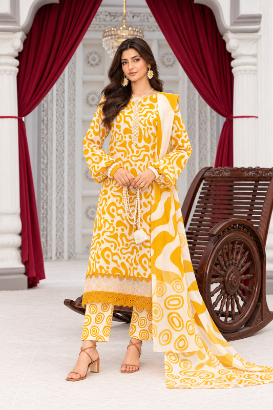 Mustard Yellow Unstitched 3 Piece Suit | Digital Printed Luxury Viscose Slub