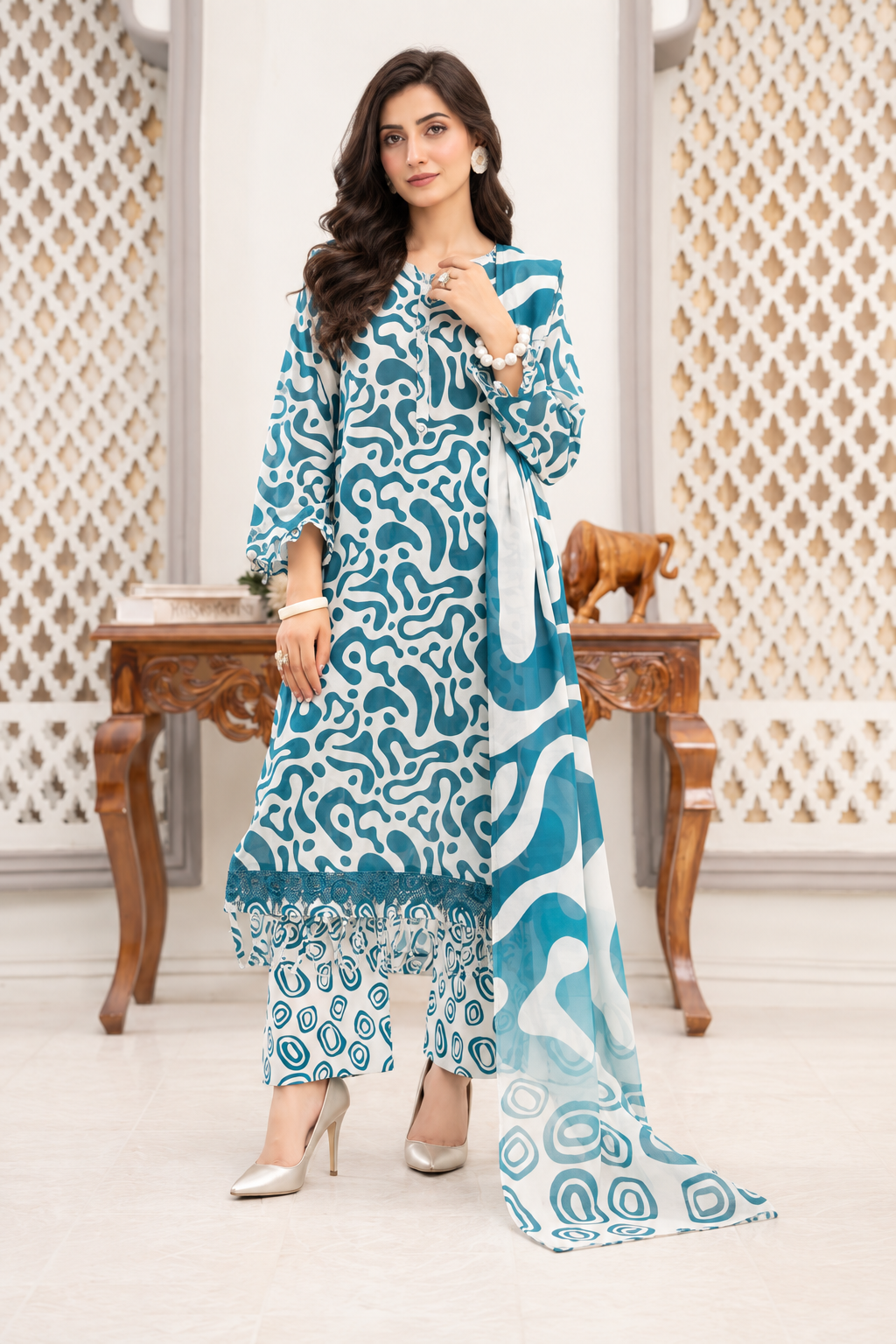 Teal Blue Unstitched 3 Piece Suit | Digital Printed Luxury Viscose Slub