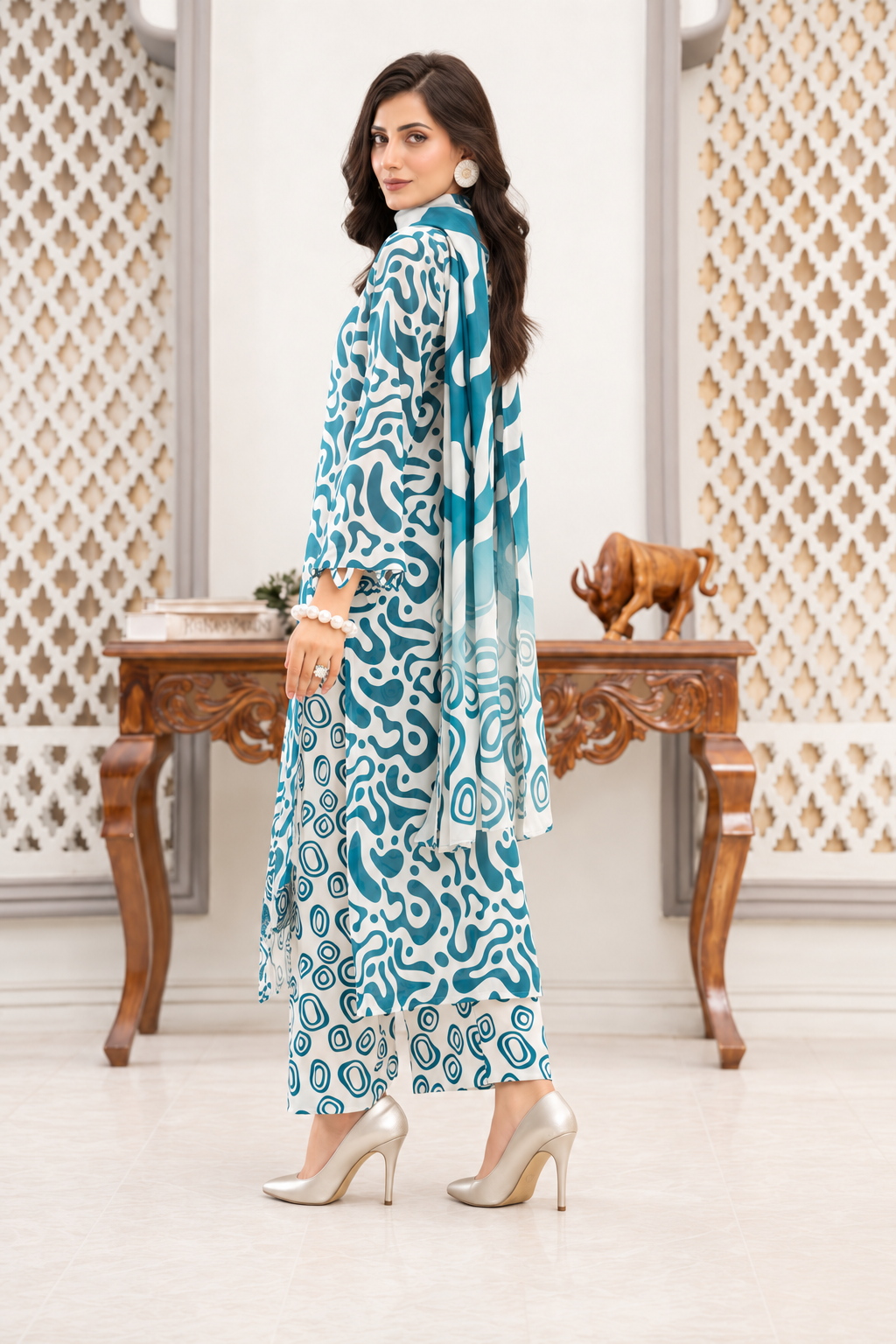 Teal Blue Unstitched 3 Piece Suit | Digital Printed Luxury Viscose Slub