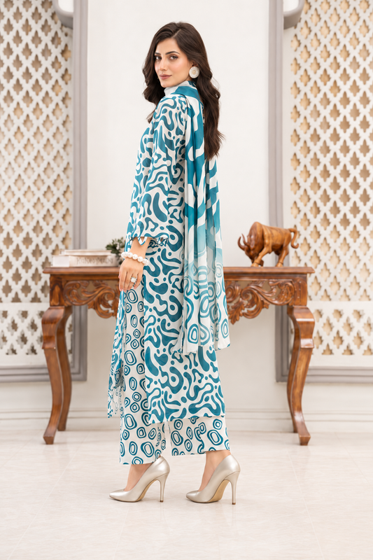 Teal Blue Unstitched 3 Piece Suit | Digital Printed Luxury Viscose Slub
