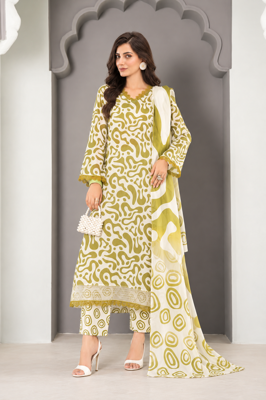 Olive Green Unstitched 3 Piece Suit | Digital Printed Luxury Viscose Slub