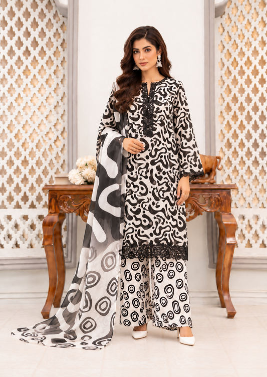 Black & White Unstitched 3 Piece Suit | Digital Printed Luxury Viscose Slub