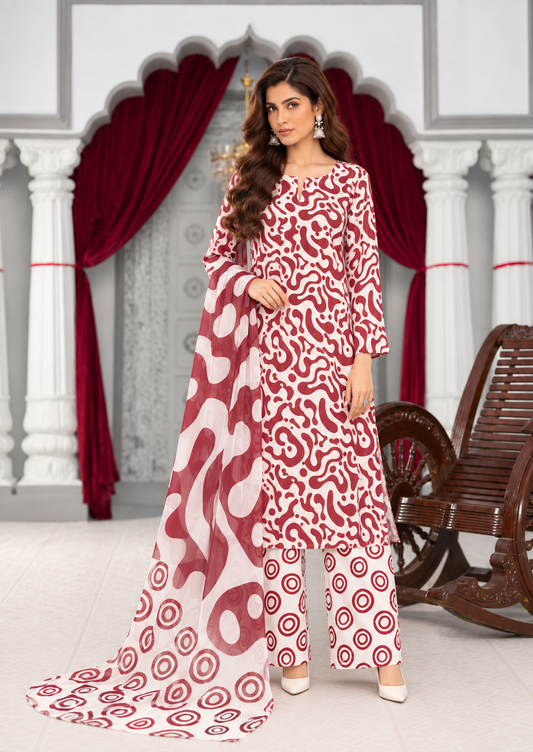 Maroon Unstitched 3 Piece Suit | Digital Printed Luxury Viscose Slub