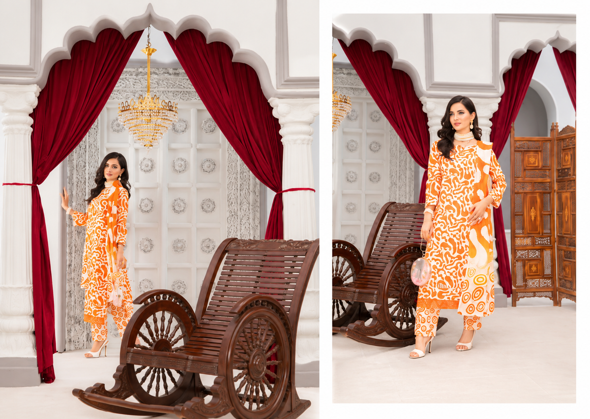 Orange Unstitched 3 Piece Suit | Digital Printed Luxury Viscose Slub