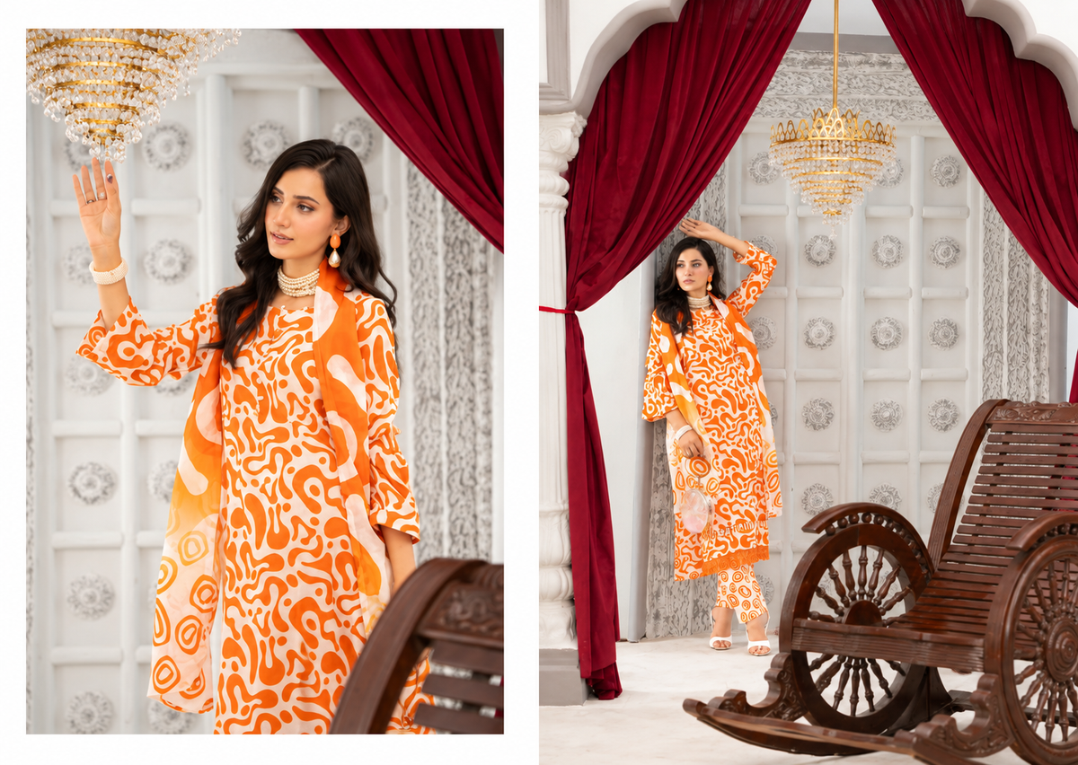 Orange Unstitched 3 Piece Suit | Digital Printed Luxury Viscose Slub