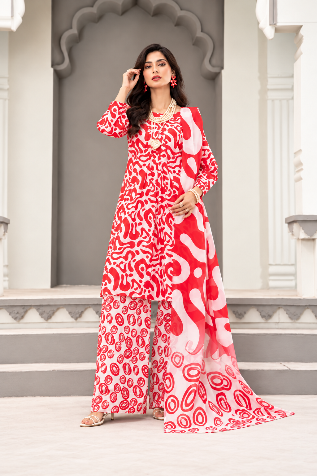 Red Unstitched 3 Piece Suit | Digital Printed Luxury Viscose Slub