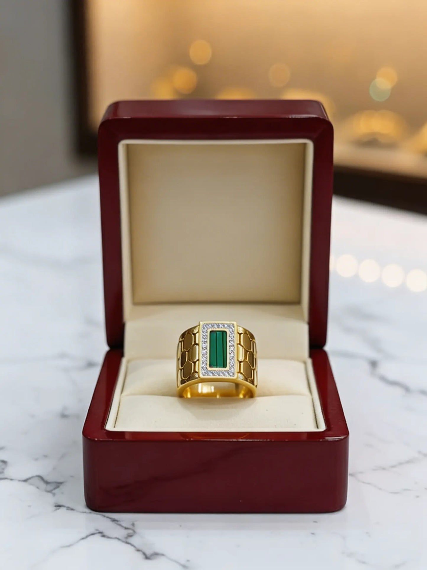 Luxury Gold Plated Emerald Green Stone Ring with Crystal Border