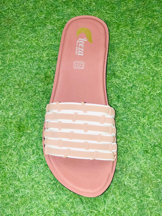 Women’s Casual Woven Strap Flat Slippers – Peach/Nude