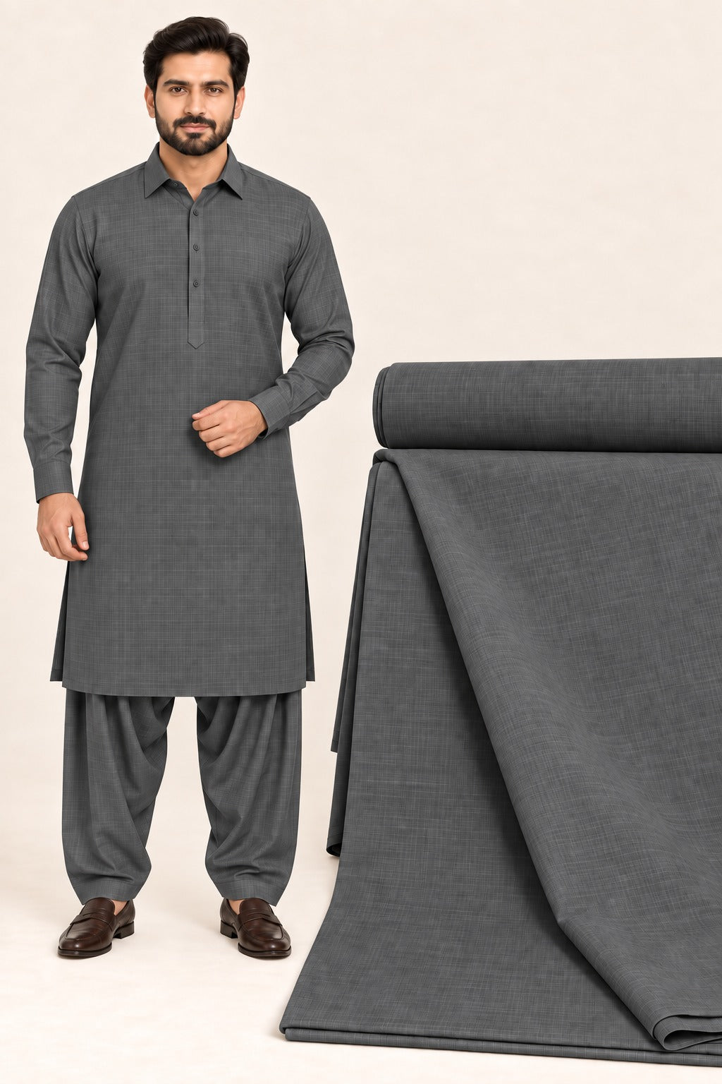 Pop Corn Wash & Wear – Premium Charcoal Grey Unstitched Suit