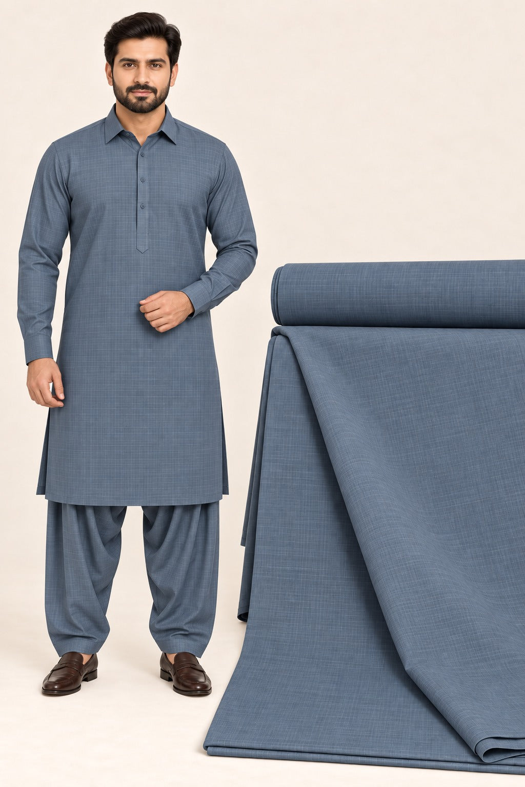 Pop Corn Wash & Wear – Premium Slate Blue Unstitched Suit