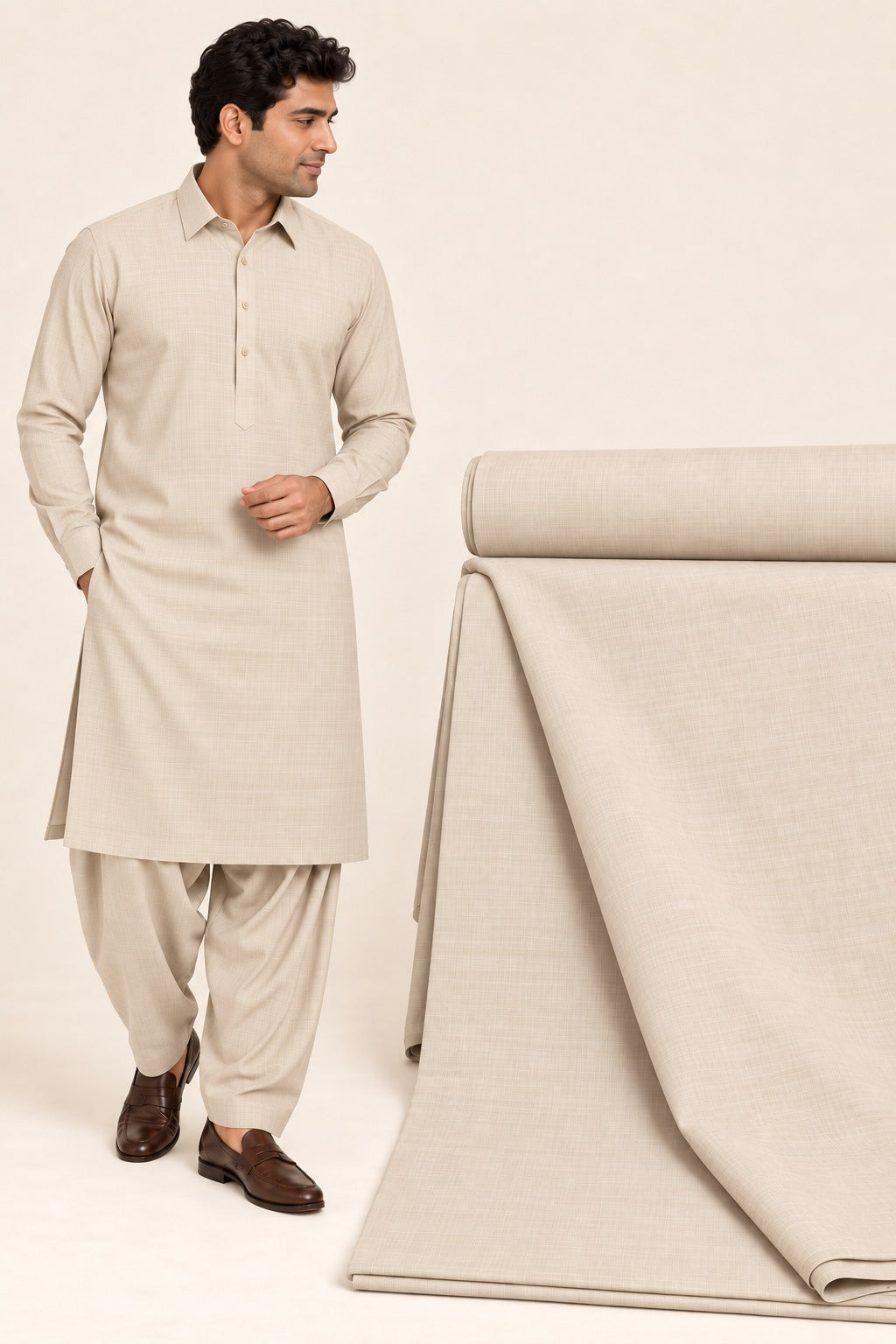 Pop Corn Wash & Wear – Premium Beige Unstitched Suit