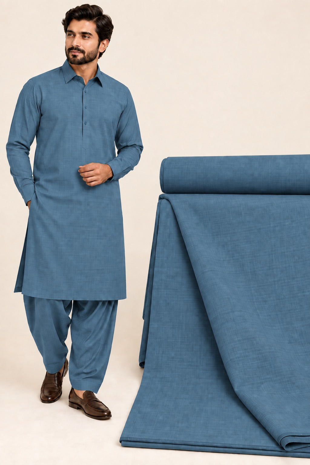 Pop Corn Wash & Wear – Premium Steel Blue Unstitched Suit