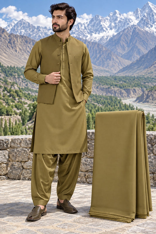Premium Miami Wash & Wear – Unstitched Suit | Olive Khaki