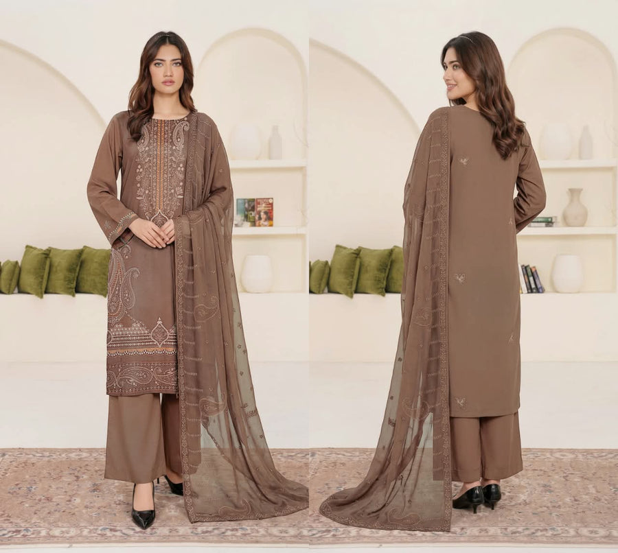 Premium Viscose Fancy Embroidered 3-Piece Suit – Unstitched | Mocha Brown