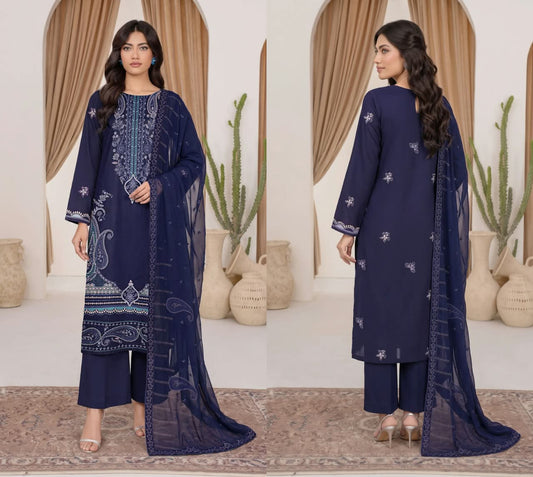 Viscose Fancy Embroidered 3-Piece Suit – Unstitched | Royal Navy