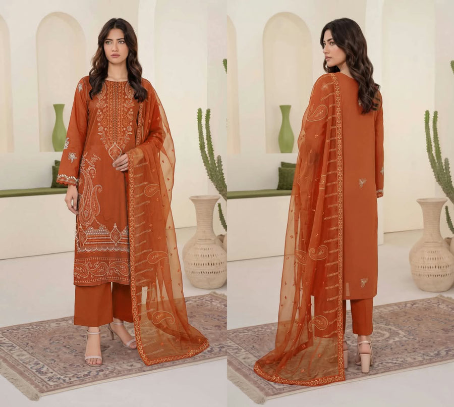 Viscose Fancy Embroidered 3-Piece Suit – Unstitched | Burnt Orange