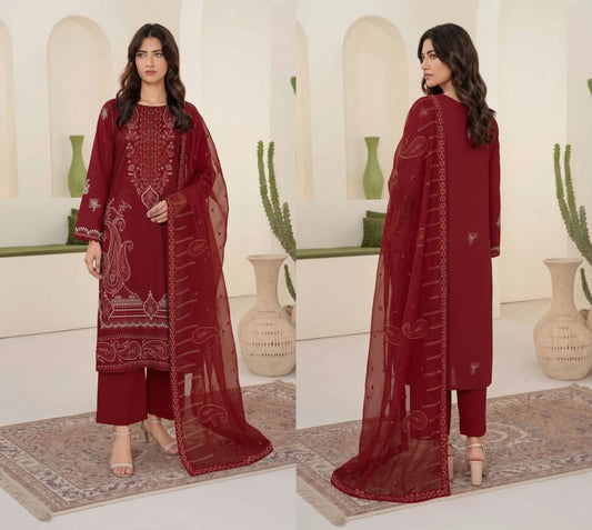 Premium Viscose Fancy Embroidered 3-Piece Suit – Unstitched | Maroon