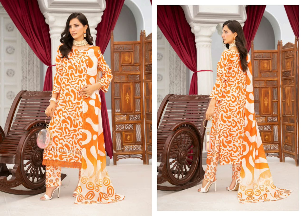 Orange Unstitched 3 Piece Suit | Digital Printed Luxury Viscose Slub