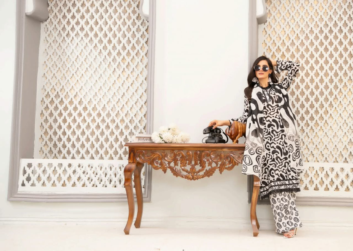 Black & White Unstitched 3 Piece Suit | Digital Printed Luxury Viscose Slub