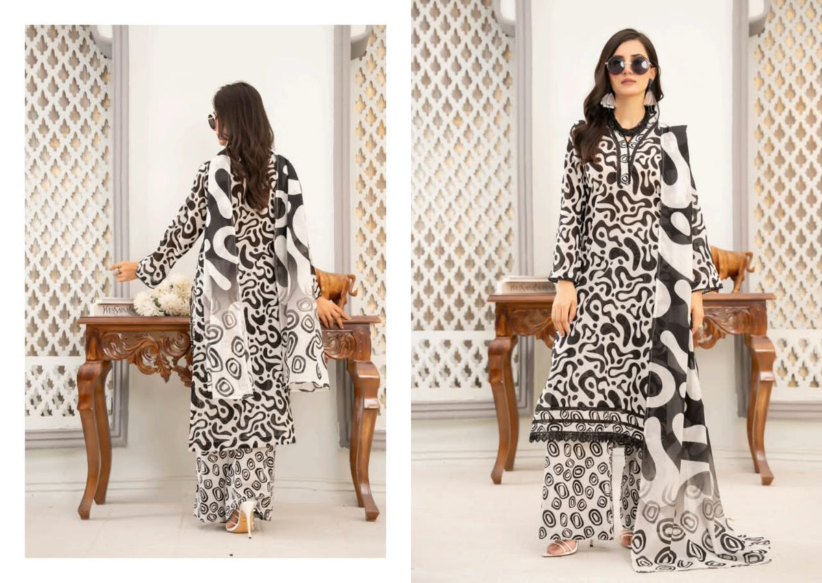 Black & White Unstitched 3 Piece Suit | Digital Printed Luxury Viscose Slub