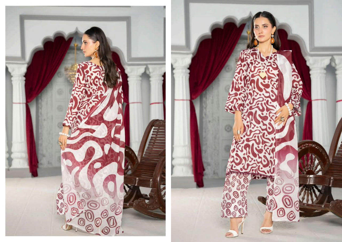 Maroon Unstitched 3 Piece Suit | Digital Printed Luxury Viscose Slub