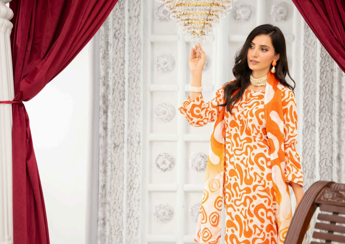 Orange Unstitched 3 Piece Suit | Digital Printed Luxury Viscose Slub