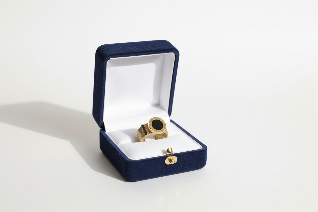 Clean navy jewelry box with white background
