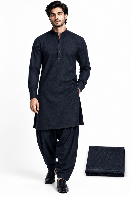 Men's Pure Wool Unstitched Fabric – Dark Navy Blue Winter Shalwar Kameez