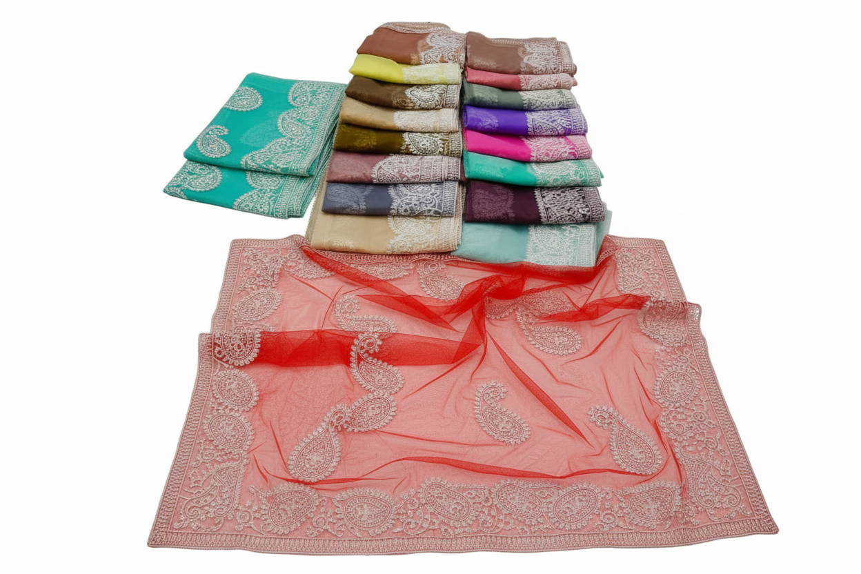 Embroidered Net Dupattas - White Background