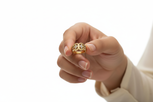 Pakistani model wearing gold ring
