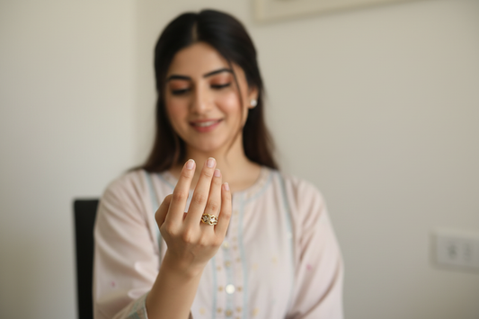 Pakistani model wearing ring with casual home dress